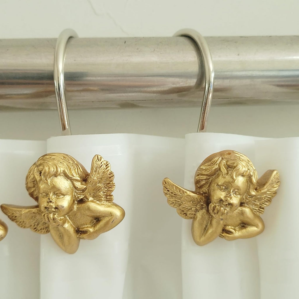 Twofish Home Golden Angel Shower Curtain Hooks Anti Rust Shower Curtain Hooks Decorative Resin Golden Angel Shower Curtain Rings Set of 12