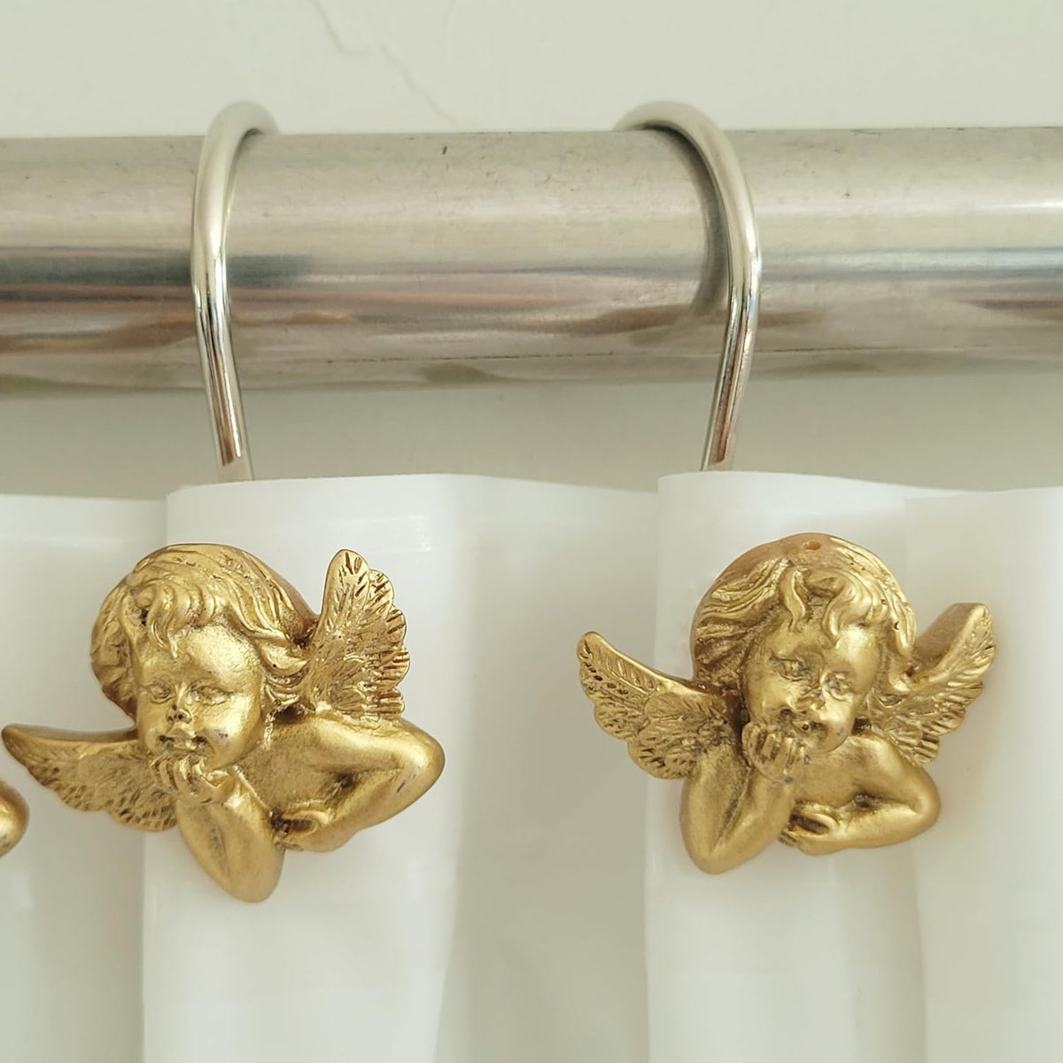 Twofish Home Golden Angel Shower Curtain Hooks Anti Rust Shower Curtain Hooks Decorative Resin Golden Angel Shower Curtain Rings Set of 12