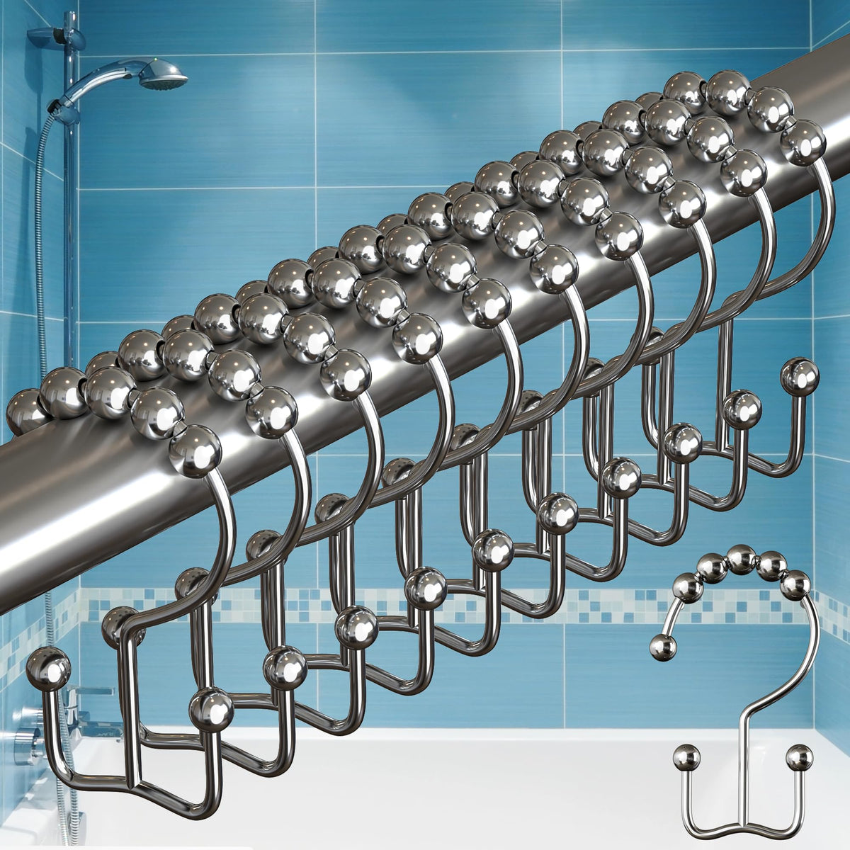 BigFoot Shower Curtain Hooks, Stainless Steel, Rust-Resistant, Easy Install