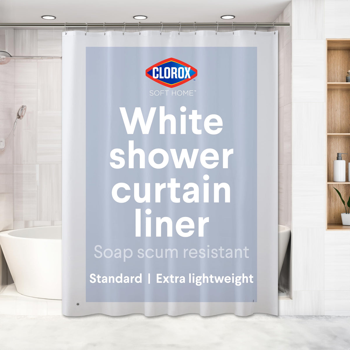 Clorox Shower Curtain Liner & Hooks, Premium Lightweight Flexible Waterproof 4g PEVA for Bathroom with Weighted Magnets, Standard Size 70" x 72", Frosty 1 Pack