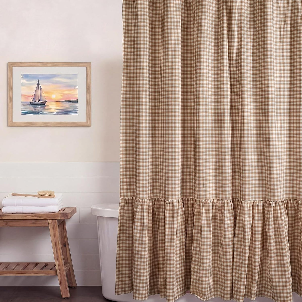 HunnmingRe Ruffle Hem Gingham Shower Curtain Taupe