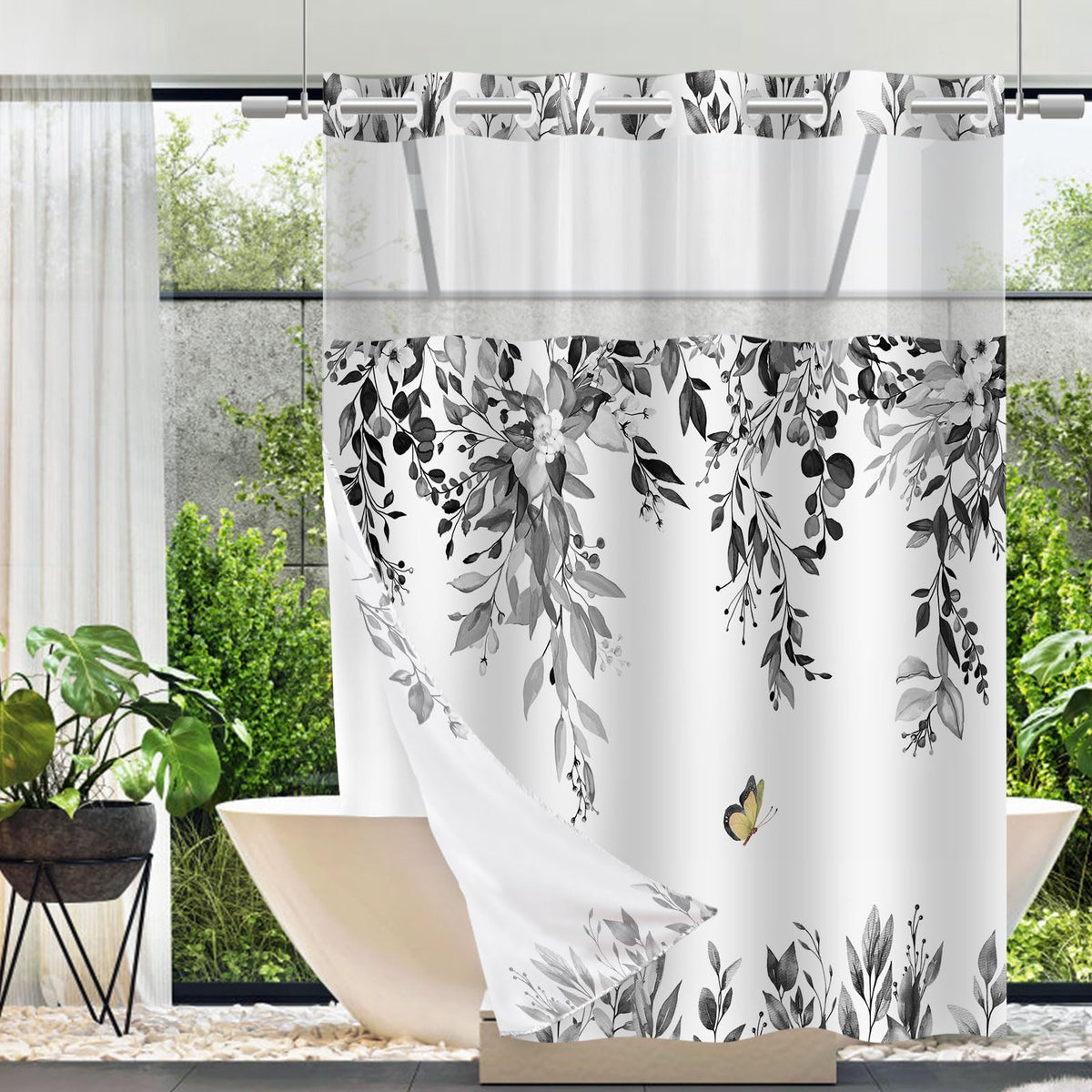 No Hook Shower Curtain and Liner Set, Sage Green Eucalyptus 71x74