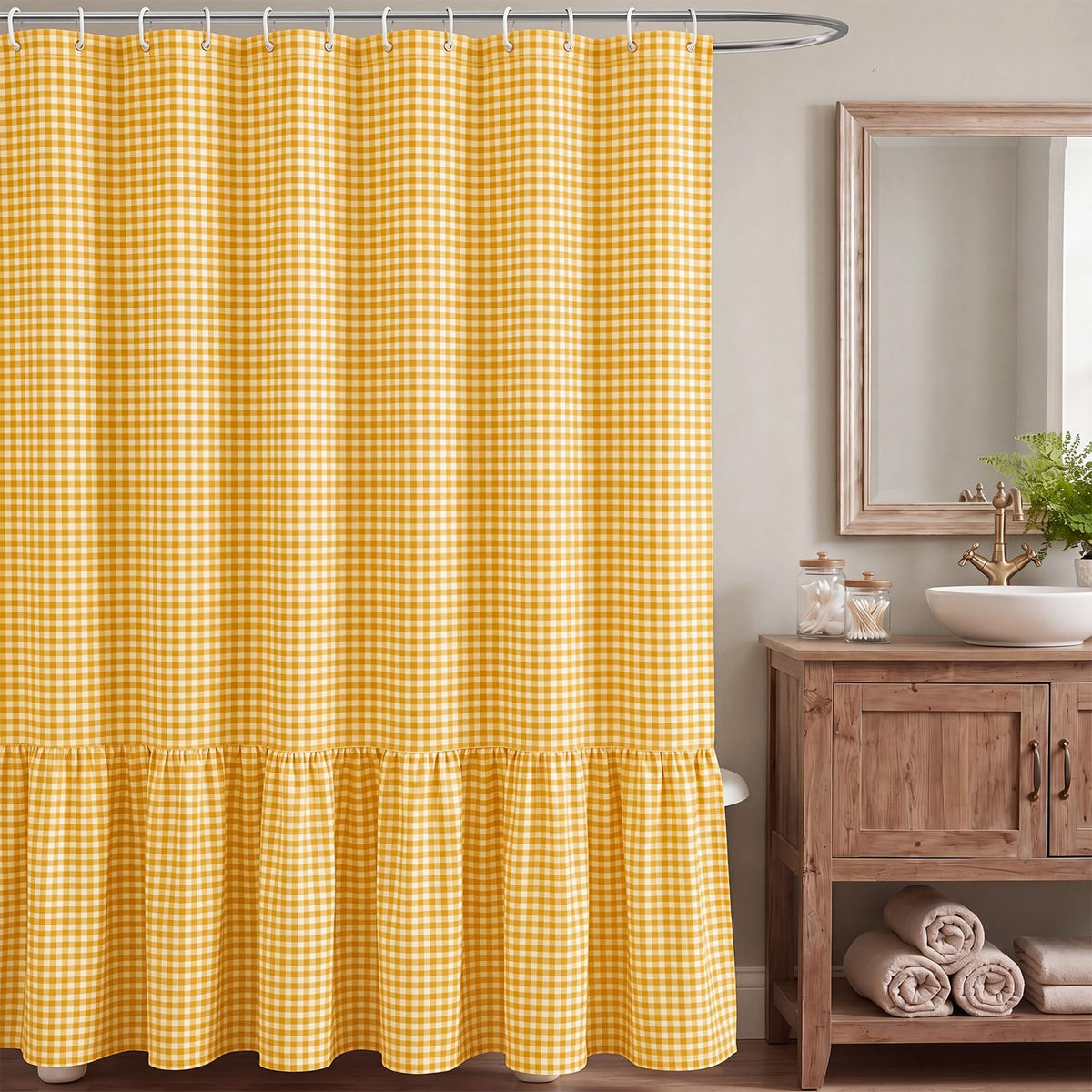 HunnmingRe Ruffle Hem Gingham Shower Curtain Taupe