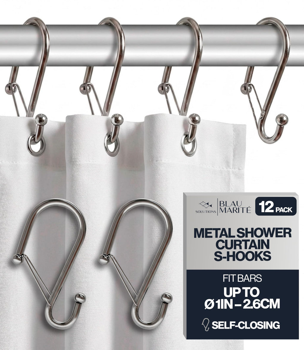 12 Metal Shower Curtain Hooks, Rust-Proof Decorative C-Shaped Curtain Hooks for Bathroom, Chrome Shower Curtain Rings, Fits Rods Up to 1 Inch (C, Silver)