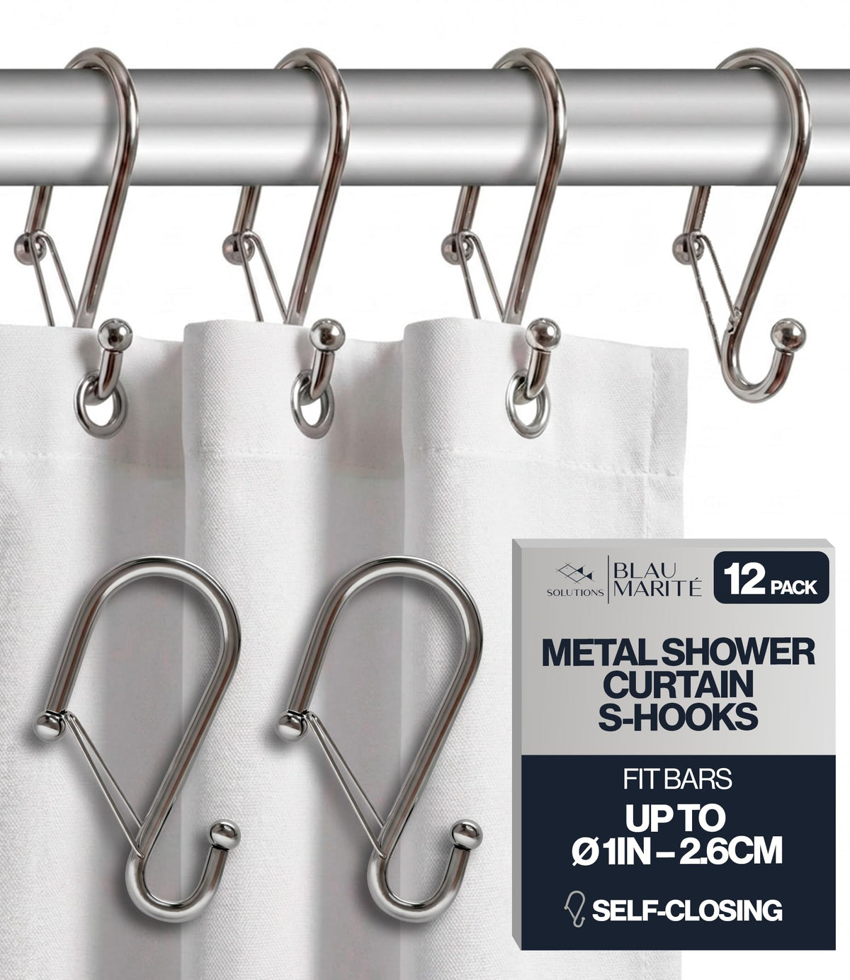 12 Metal Shower Curtain Hooks, Rust-Proof Decorative C-Shaped Curtain Hooks for Bathroom, Chrome Shower Curtain Rings, Fits Rods Up to 1 Inch (C, Silver)