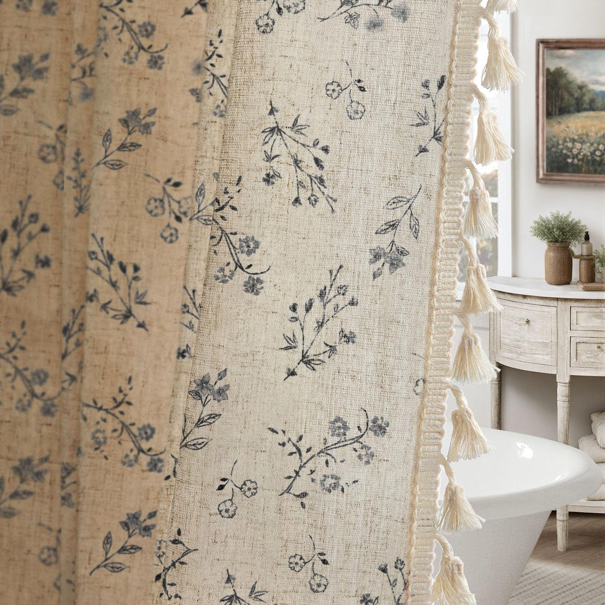 Floral Farmhouse Vintage Linen Shower Curtain French Country Decor 72Wx72H