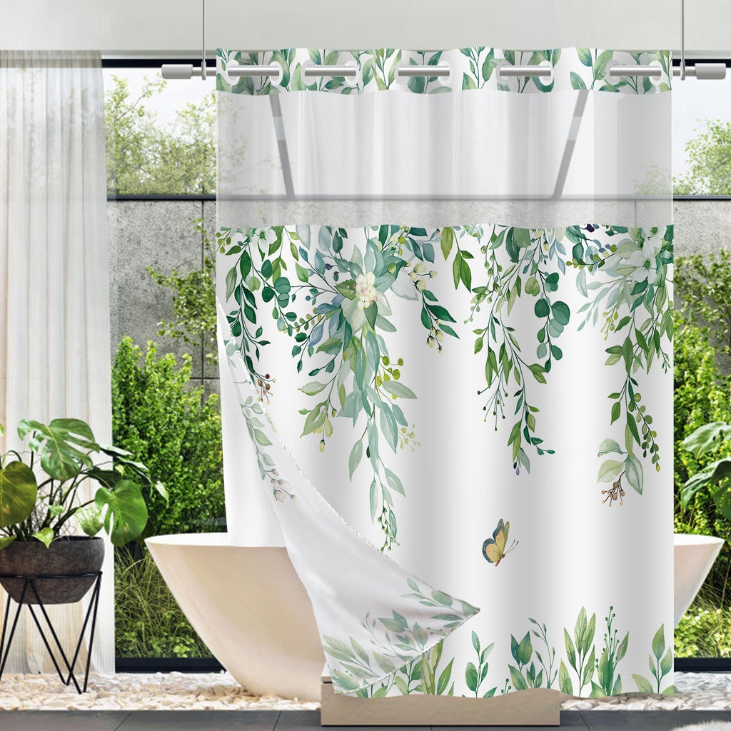 No Hook Shower Curtain and Liner Set, Sage Green Eucalyptus 71x74
