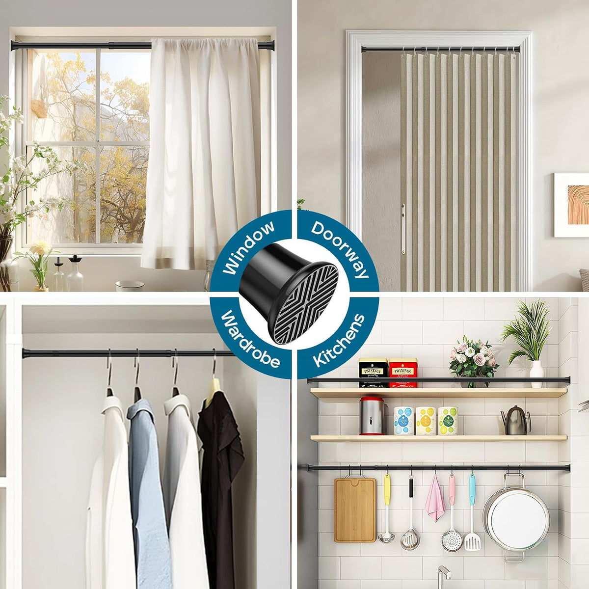 AIZESI Tension Rod 24-46 inch, Tool-Free No Drill Spring Curtain Rod, Black
