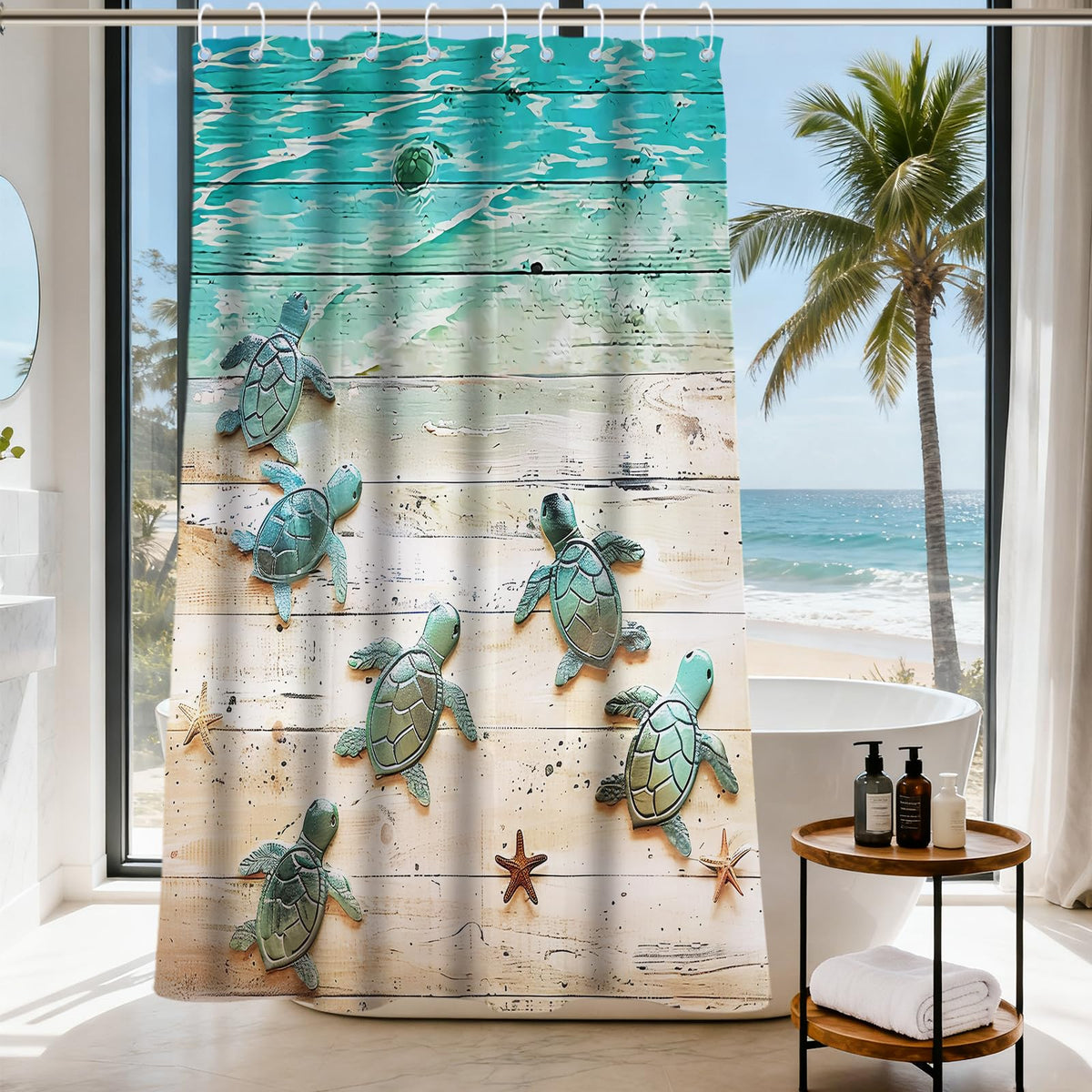 Nautical Green Sea Turtles Beach Theme Fabric Shower Curtain Sets Bathroom Blue Ocean Decor with Grommets and Hooks - 72 x 72 Inch Teal