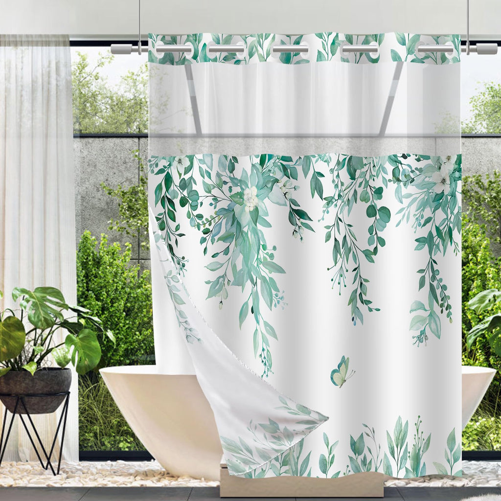 No Hook Shower Curtain and Liner Set, Sage Green Eucalyptus 71x74
