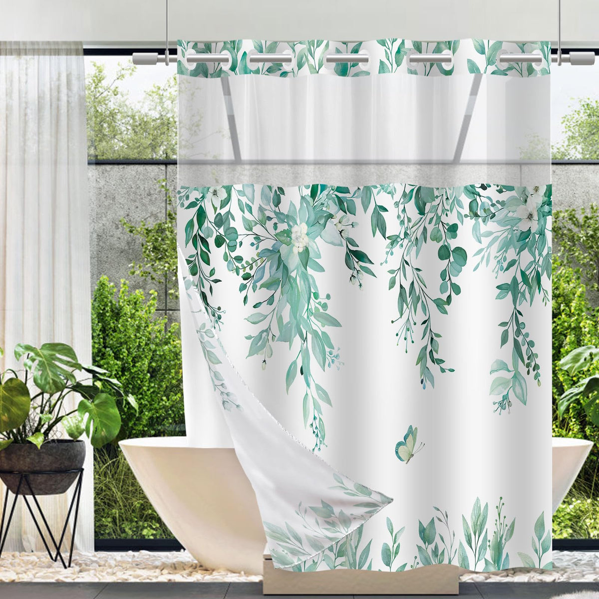 No Hook Shower Curtain and Liner Set, Sage Green Eucalyptus 71x74