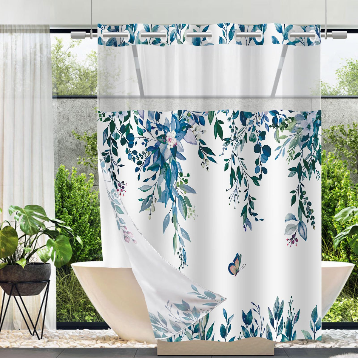 No Hook Shower Curtain and Liner Set, Sage Green Eucalyptus 71x74