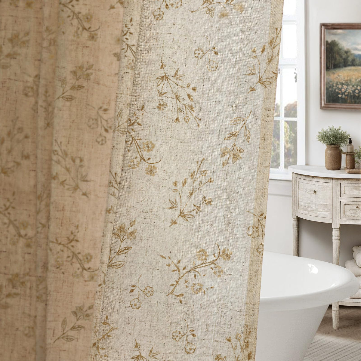 Floral Farmhouse Vintage Linen Shower Curtain French Country Decor 72Wx72H