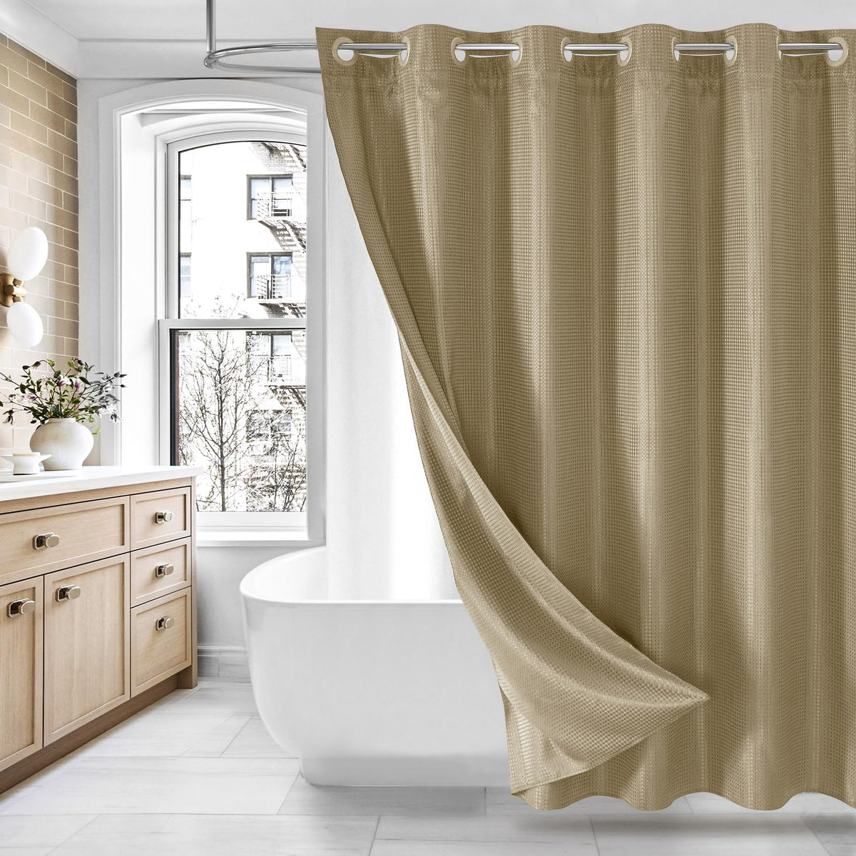 No Hook Weave Fabric Shower Curtain with Snap-in Liner White,72x74