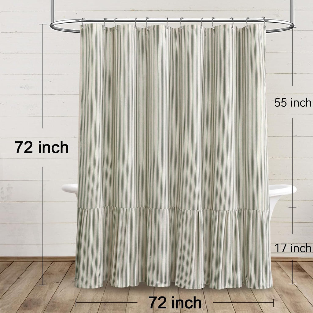 Farmhouse Shower Curtain Ruffle Linen Cream-Green Stripe 72"W x 72"L