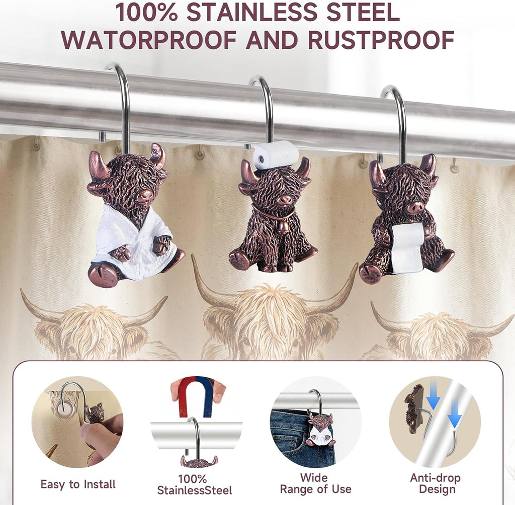 Highland Cow Shower Curtain Hooks Set of 12 for Farmhouse Bath