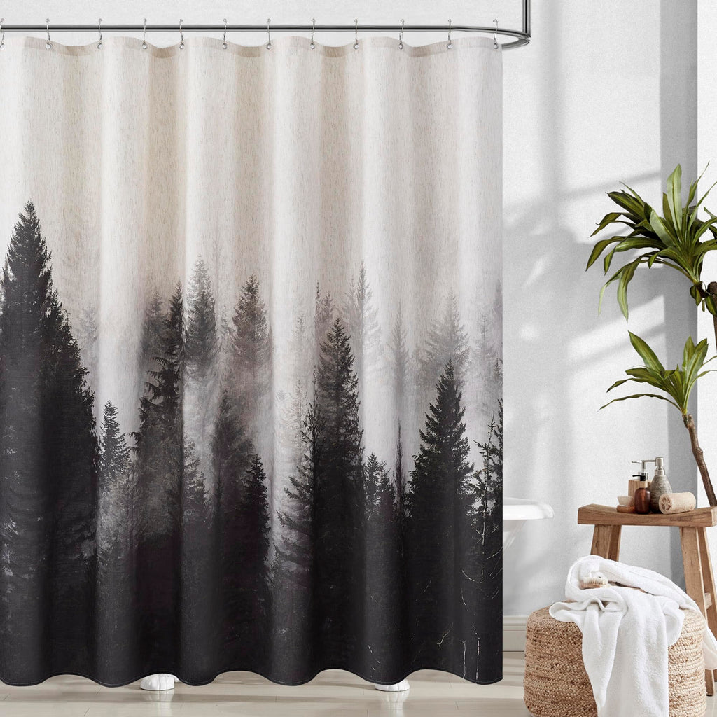 ORTIGIA Dark Green Misty Forest Shower Curtain for Bathroom, Nature Woodland Shower Curtain Set with Hooks, Decorative Pine Tree Fog Magic Bath Curtain for Home, Waterproof Fabric, Weighted, 72x72