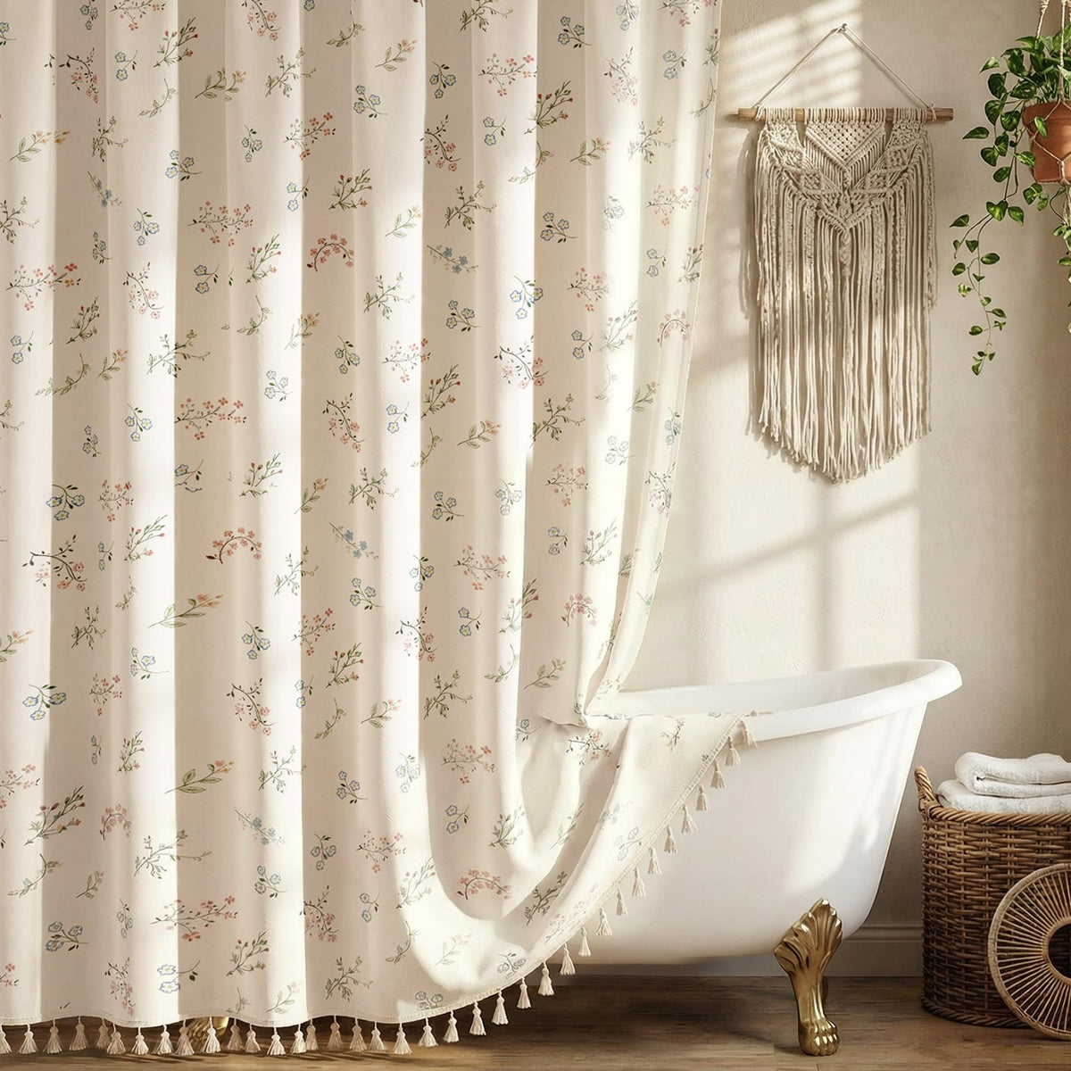 Farmhouse Sage Green Floral Shower Curtain with 12 Clear Rings 72"W x 72"L