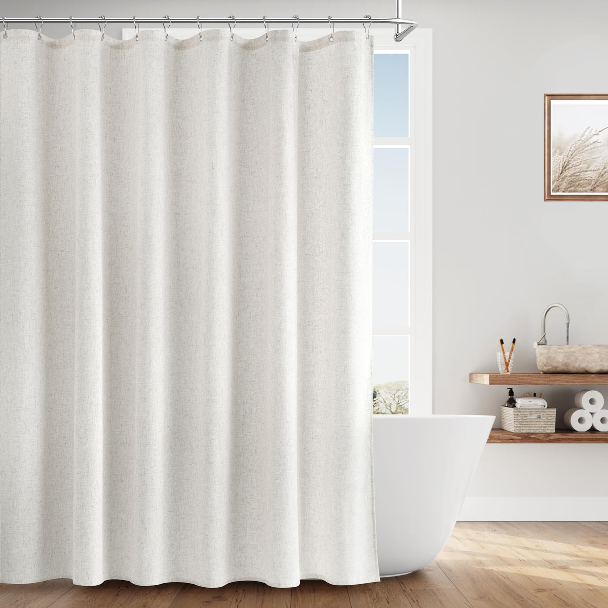 Naturoom Linen Shower Curtain 72 Inch Long for Bathroom Beige 1 Panel