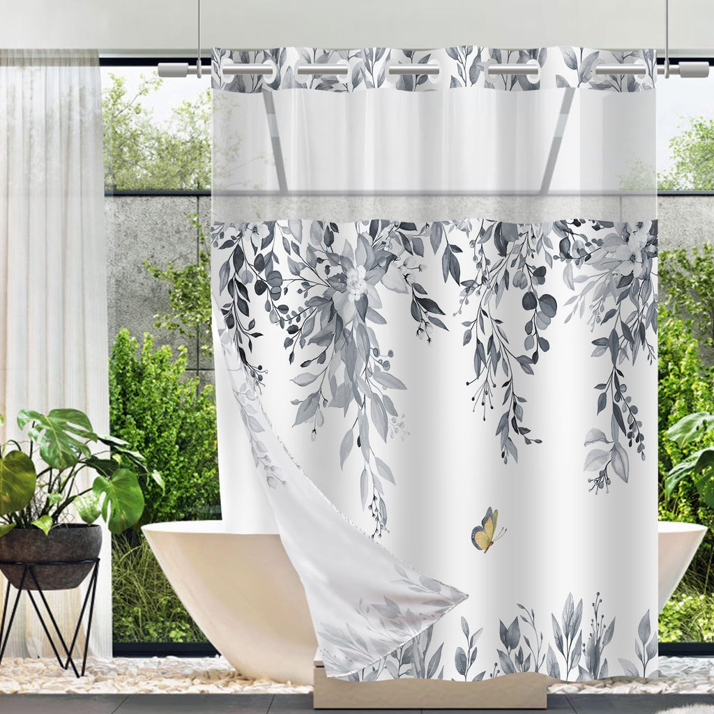 No Hook Shower Curtain and Liner Set, Sage Green Eucalyptus 71x74