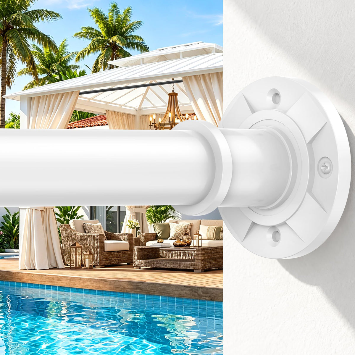 Tension Curtain Rod No Drilling 31-168 In (14ft) 1.1" Dia Adjustable Outdoor White Extra Long Curtain Rods Spring Shower Rods Heavy Duty for Window Bathroom Patio Rust Proof