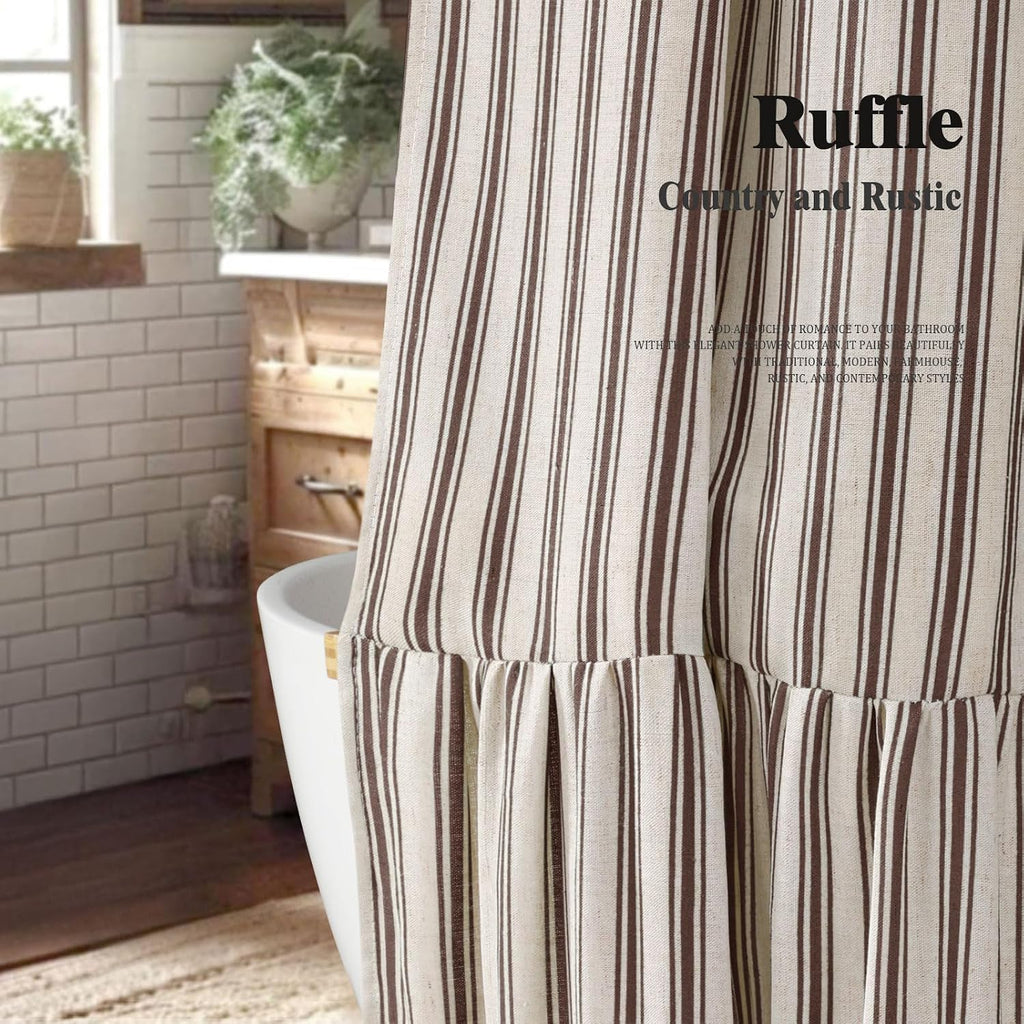 Farmhouse Shower Curtain Ruffle Linen Cream-Brown Stripe 72"W x 84"L
