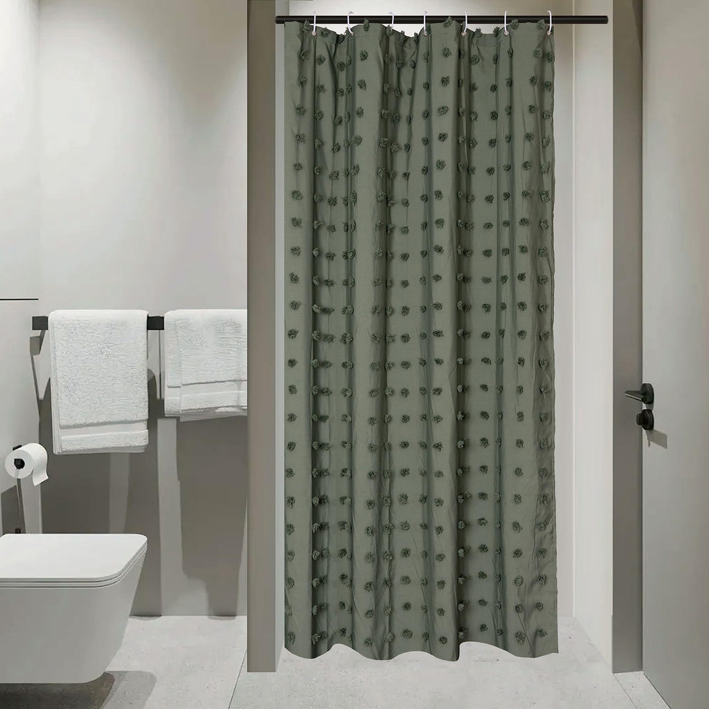 Extra Long Green Boho Shower Curtain Woven Fabric Cute 84 Inch Shower Curtain, 72 x 84 Tufted Pleat Floral Puffs Textured Modern Farmhouse Minimalist Shower Curtain Set with Hooks for Bathroom