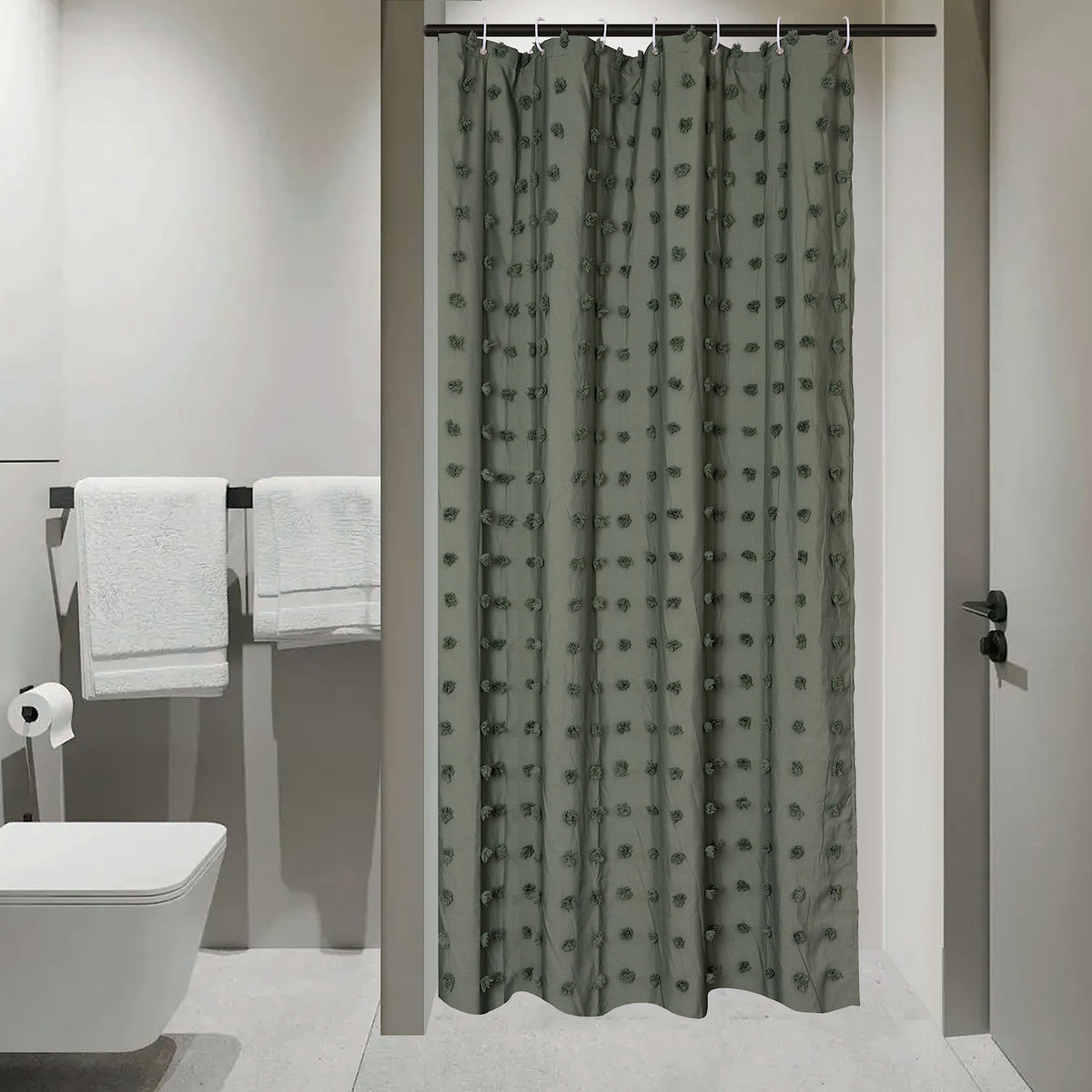 Extra Long Green Boho Shower Curtain Woven Fabric Cute 84 Inch Shower Curtain, 72 x 84 Tufted Pleat Floral Puffs Textured Modern Farmhouse Minimalist Shower Curtain Set with Hooks for Bathroom