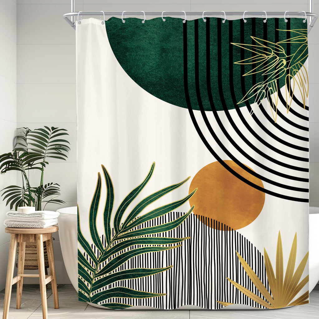 KOMLLEX Mid Century Green Boho Shower Curtain, Abstract Modern Shower Curtains for Bathroom, Plant Botanical Minimalist Leaf Arch Sun Fabric Liner Waterproof Polyester 12 Pack Hooks 60Wx72L Inches
