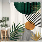 KOMLLEX Mid Century Green Boho Shower Curtain, Abstract Modern Shower Curtains for Bathroom, Plant Botanical Minimalist Leaf Arch Sun Fabric Liner Waterproof Polyester 12 Pack Hooks 60Wx72L Inches