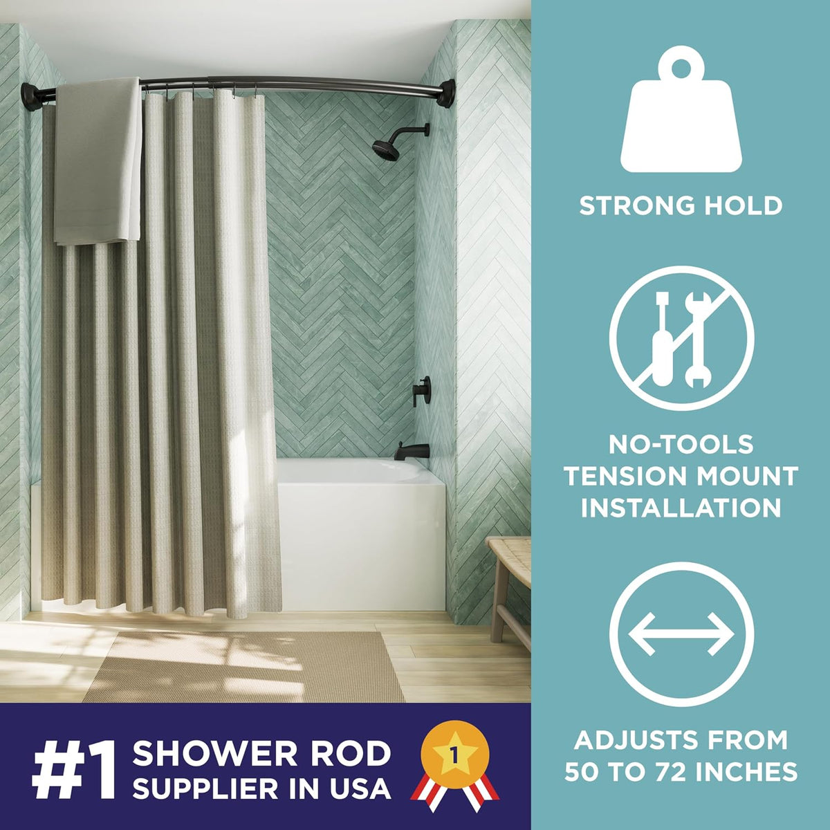 Zenna Home Double Curved Shower Curtain Rod, No Drill, 50-72 Inch Adjustable Tension Curved Shower Rod for Bathroom, Rustproof Double Rod, Non-Slip, Adds Room in Shower, Matte Black