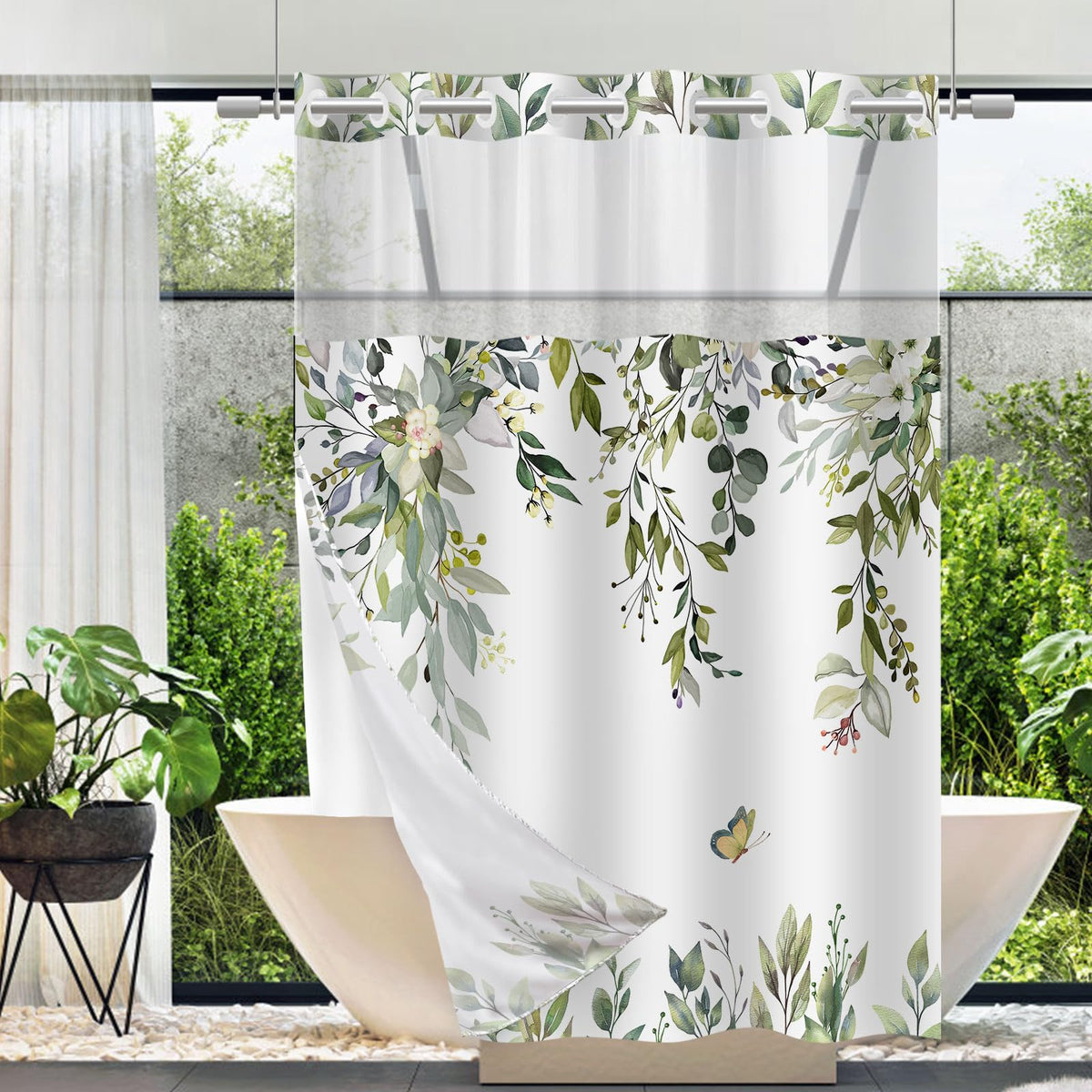 No Hook Shower Curtain and Liner Set, Sage Green Eucalyptus 71x74