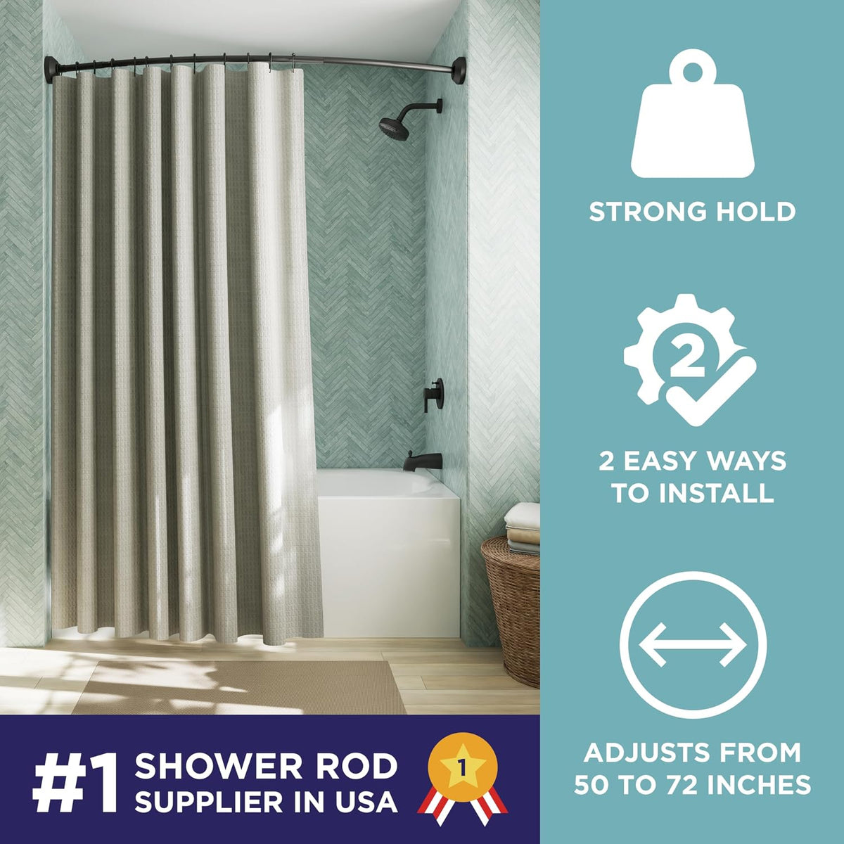 Zenna Home Matte Black, Curved Shower Curtain Rod, Tension or Permanent Mount, Easy Install, Rounded for Extra Room, 50 to 72 Inches