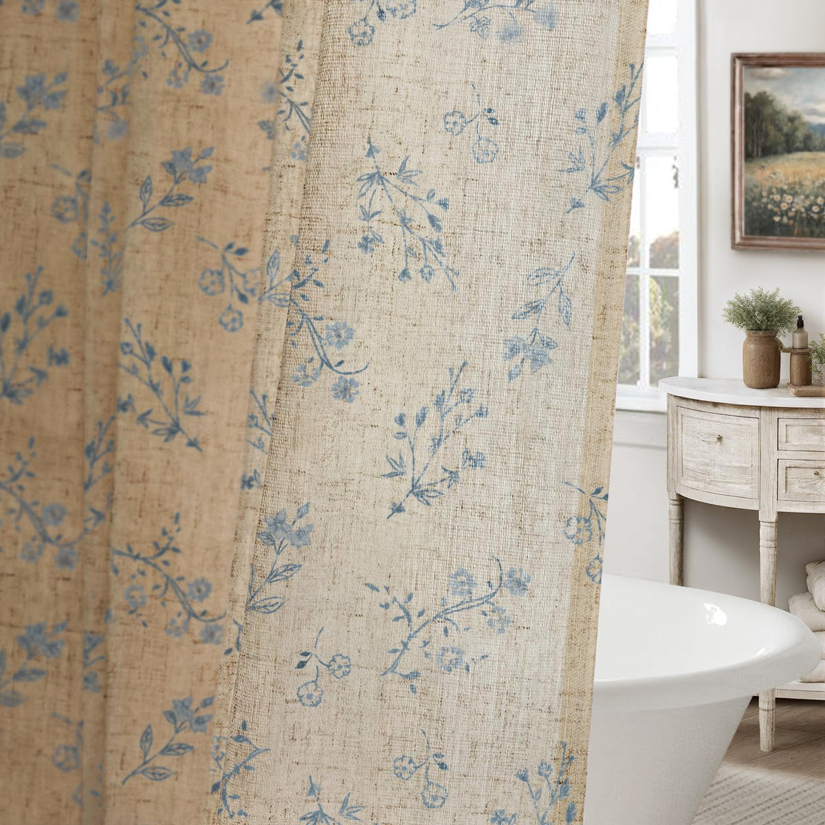Floral Farmhouse Vintage Linen Shower Curtain French Country Decor 72Wx72H