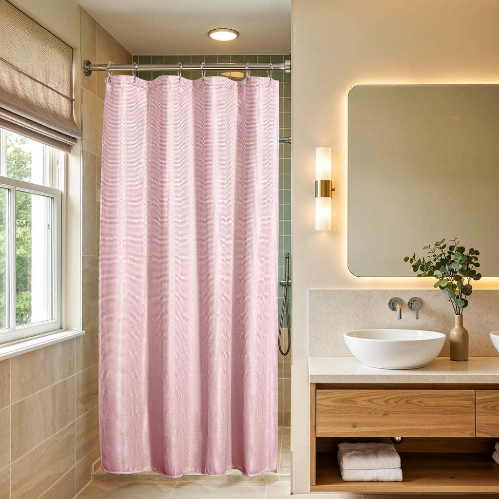 AmazerBath Short Shower Curtain 72x65 Inches, White Shower Curtain Waffle Textured, Heavy Duty 240GSM, Fabric Shower Curtain, Hotel Quality Bathroom Shower Curtains, Thick and Heavy