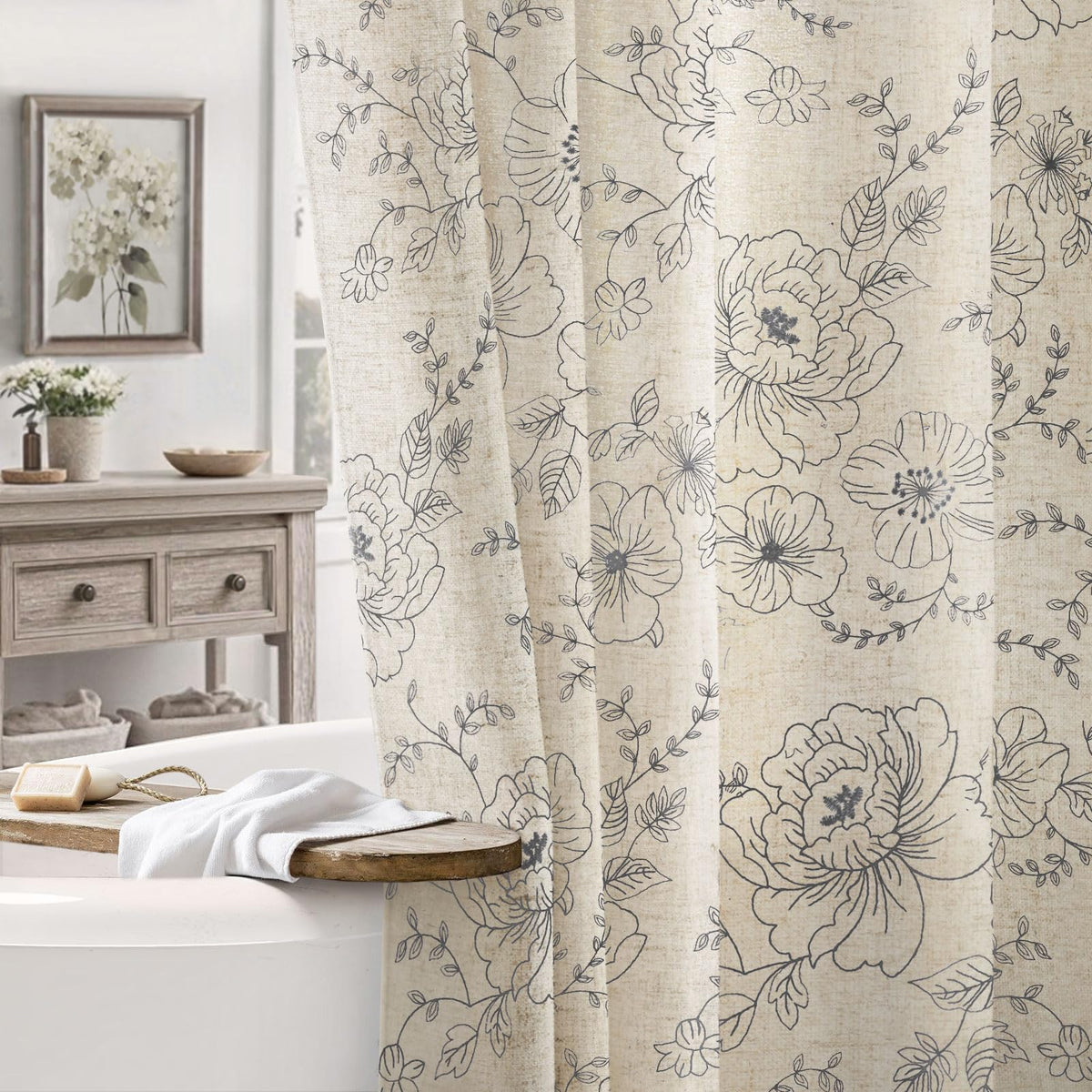 Farmhouse Floral Vintage Shower Curtain for Bathroom, Black and Tan Taupe