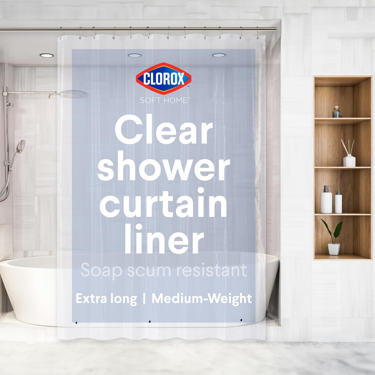 Clorox Shower Curtain Liner & Hooks, Premium Lightweight Flexible Waterproof 4g PEVA for Bathroom with Weighted Magnets, Standard Size 70" x 72", Frosty 1 Pack