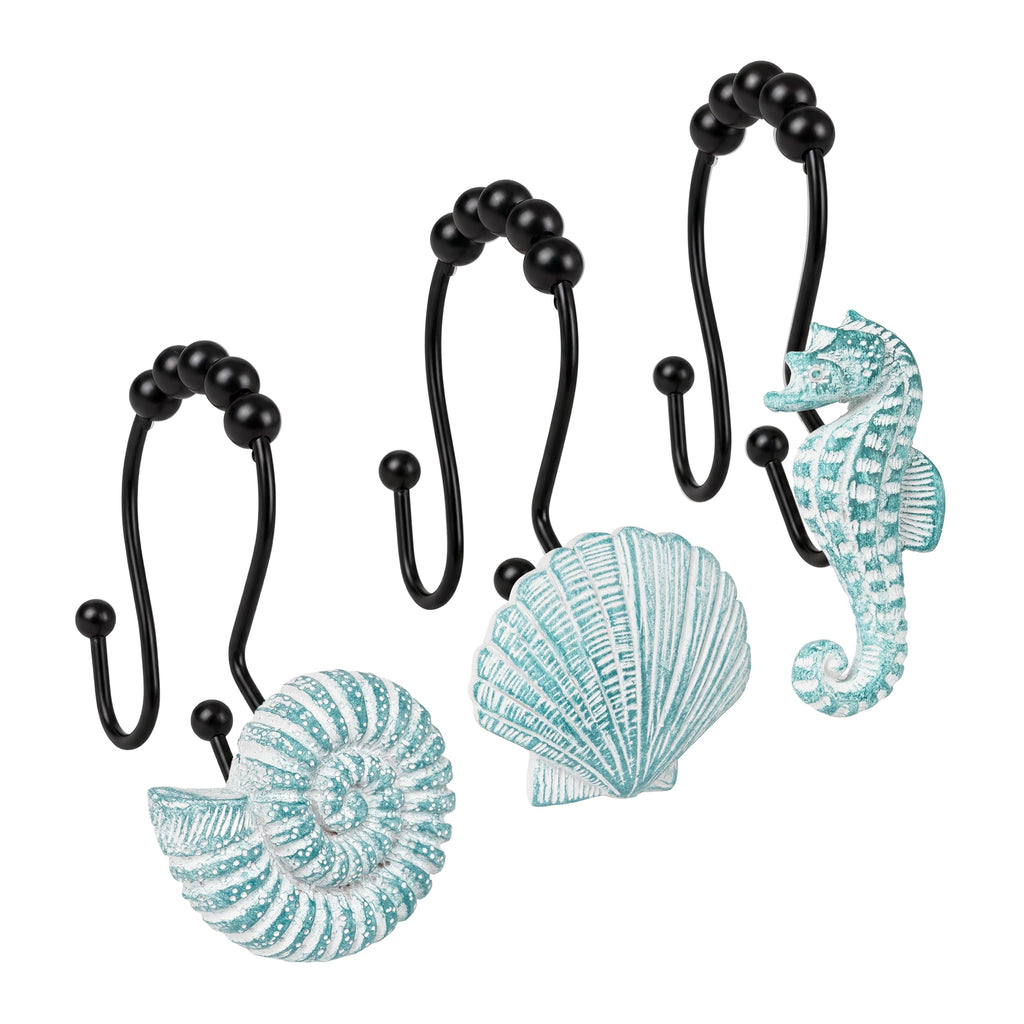 Sunlit Seashells Decorative Shower Curtain Hooks, Aqua Blue Ocean Creatures Coastal Shower Curtain Rings, Resin, Nautical Bathroom Decoration Beach Hooks-12 Pack