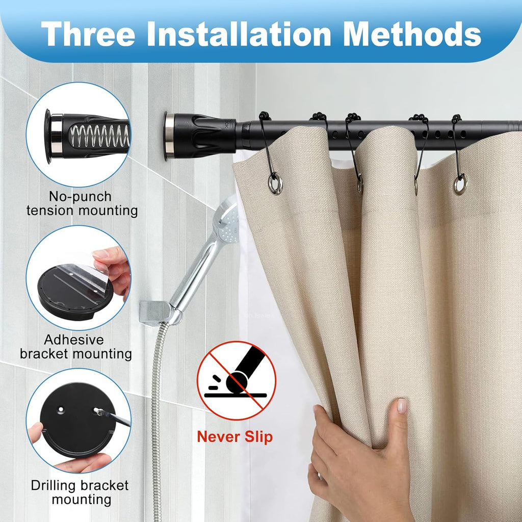 Tension Curtain Rod, 42 to 100 inch Adjustable Heavy Duty black shower curtain rod for bathroom Closet Windows