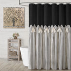 Farmhouse Shower Curtain Linen Beige Button Brown Stripe 72"W x 72"L