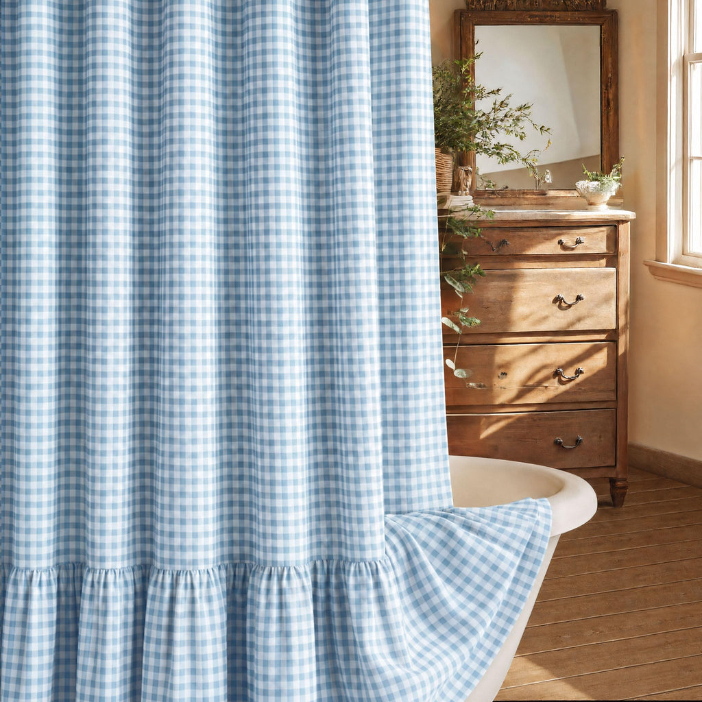 Farmhouse Shower Curtain Ruffle Linen Cream-Brown Stripe 72"W x 84"L