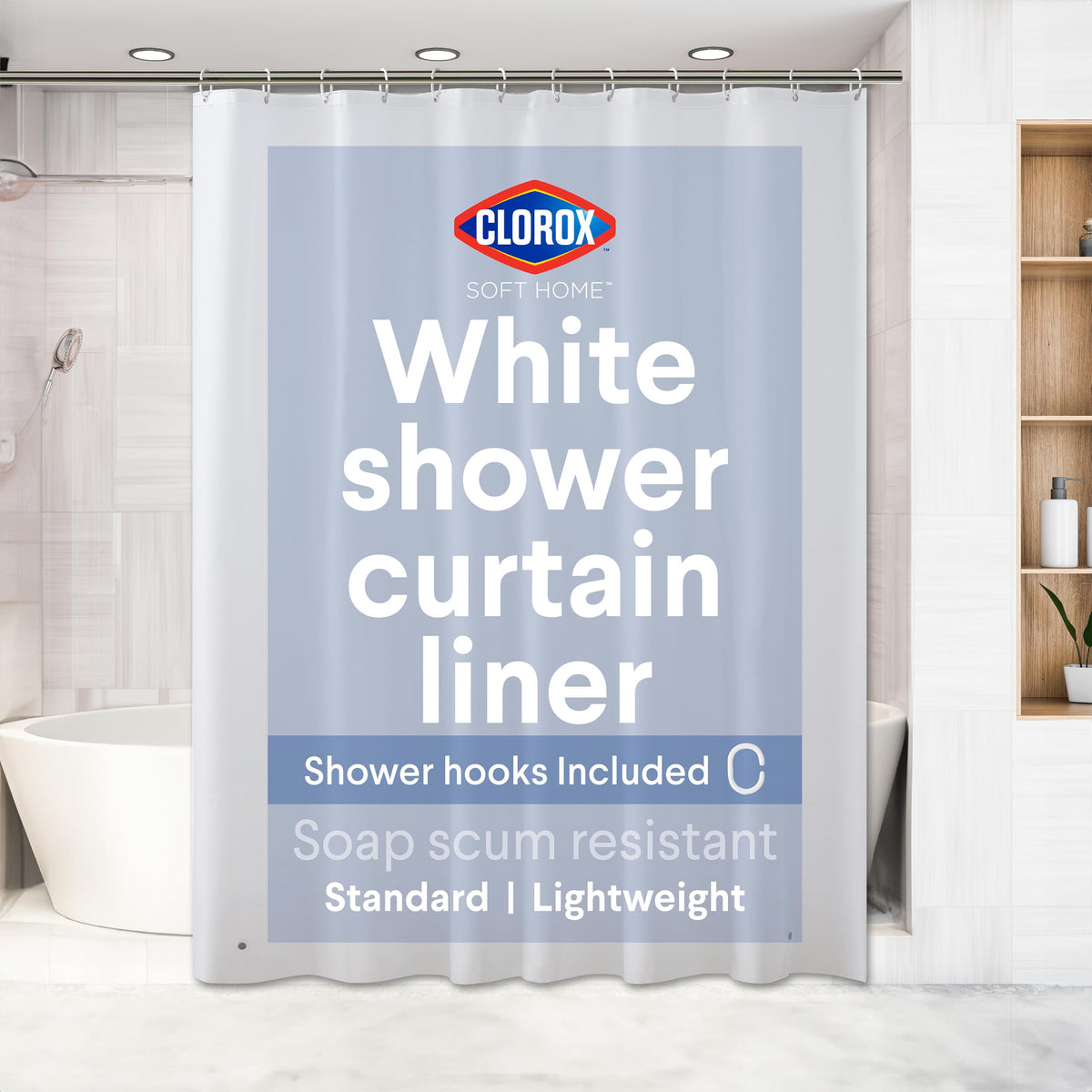 Clorox Shower Curtain Liner & Hooks, Premium Lightweight Flexible Waterproof 4g PEVA for Bathroom with Weighted Magnets, Standard Size 70" x 72", Frosty 1 Pack
