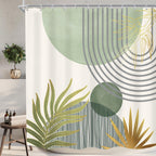 KOMLLEX Mid Century Green Boho Shower Curtain, Abstract Modern Shower Curtains for Bathroom, Plant Botanical Minimalist Leaf Arch Sun Fabric Liner Waterproof Polyester 12 Pack Hooks 60Wx72L Inches