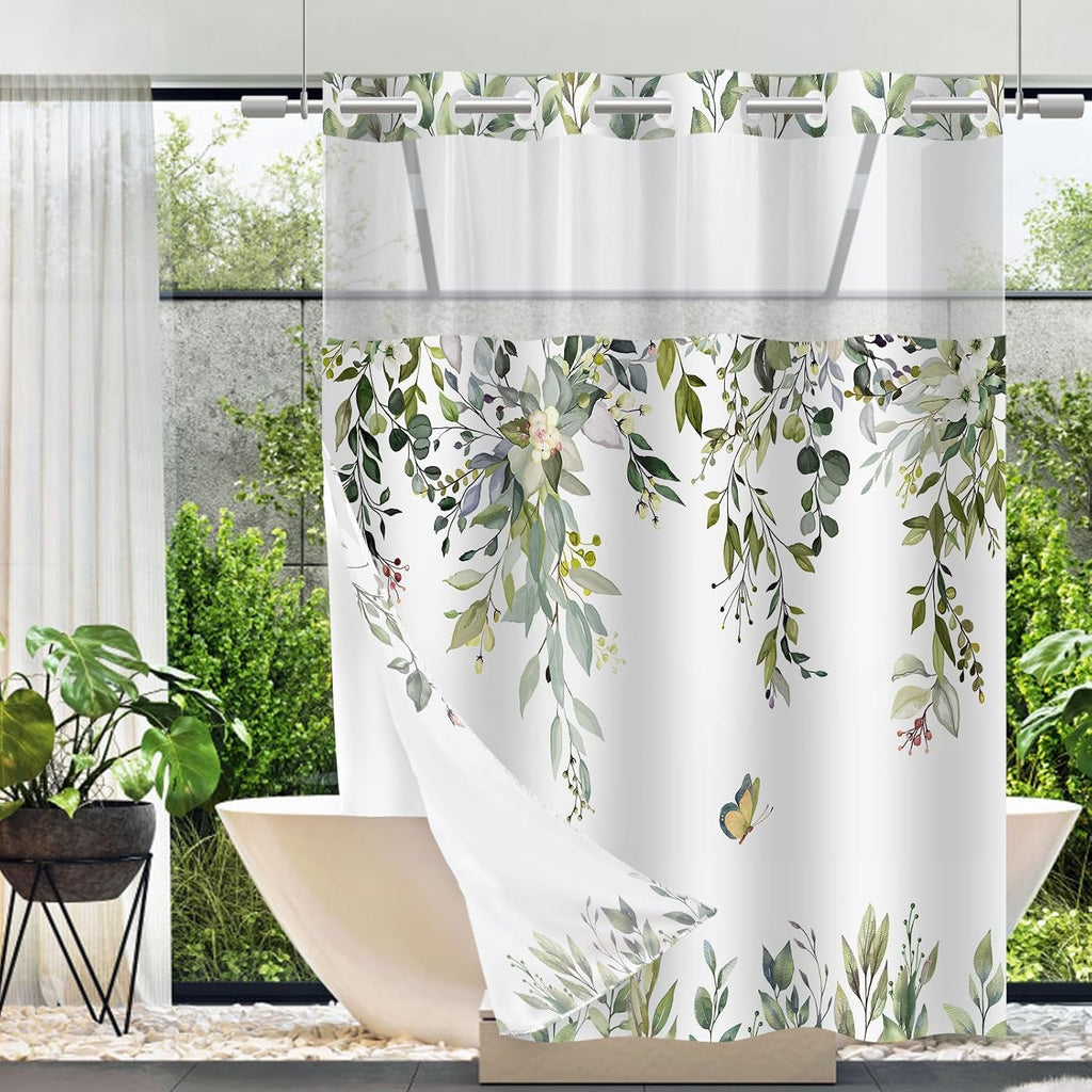 No Hook Shower Curtain and Liner Set, Sage Green Eucalyptus 71x74