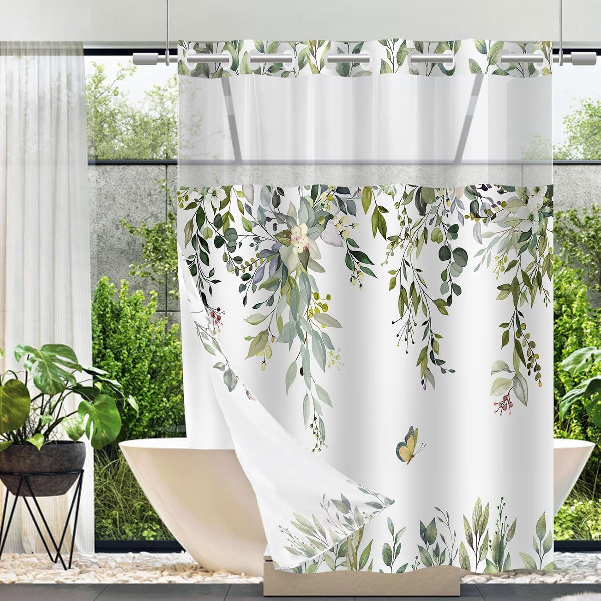 No Hook Shower Curtain and Liner Set, Sage Green Eucalyptus 71x74
