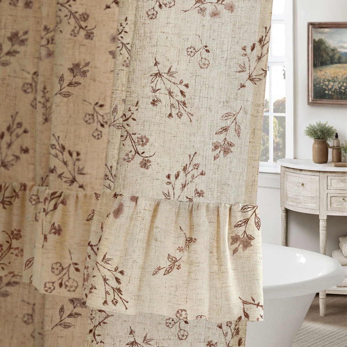 Floral Farmhouse Vintage Linen Shower Curtain French Country Decor 72Wx72H
