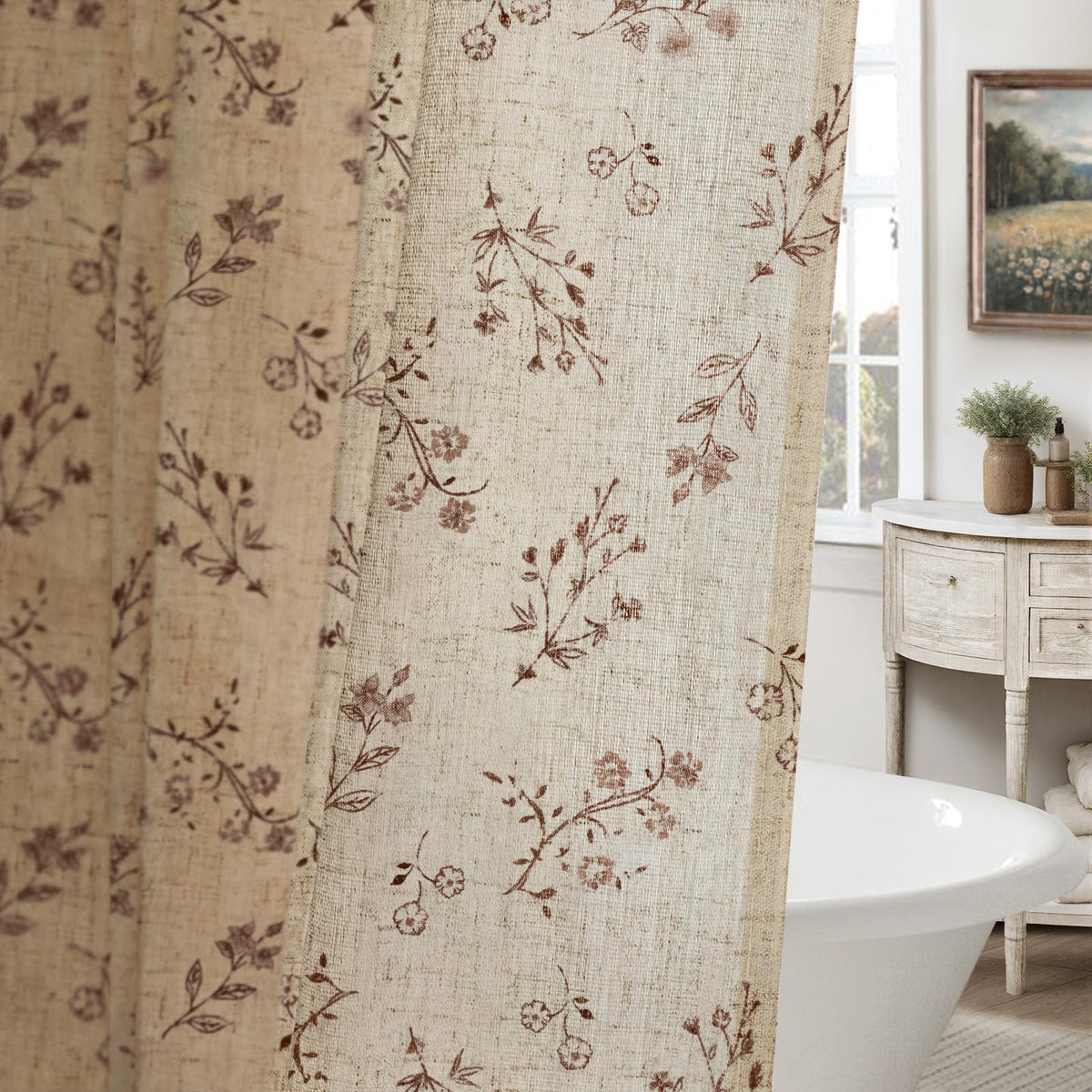 Floral Farmhouse Vintage Linen Shower Curtain French Country Decor 72Wx72H