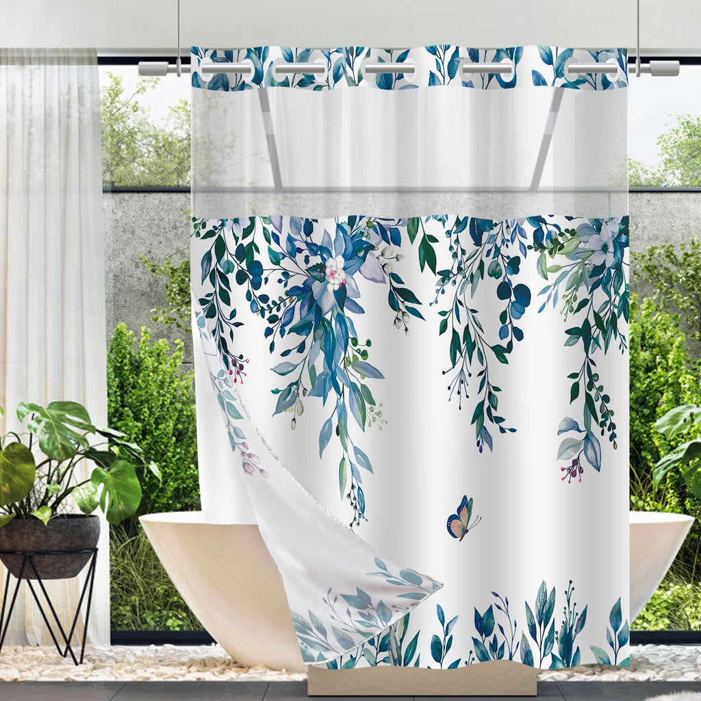 No Hook Shower Curtain and Liner Set, Sage Green Eucalyptus 71x74