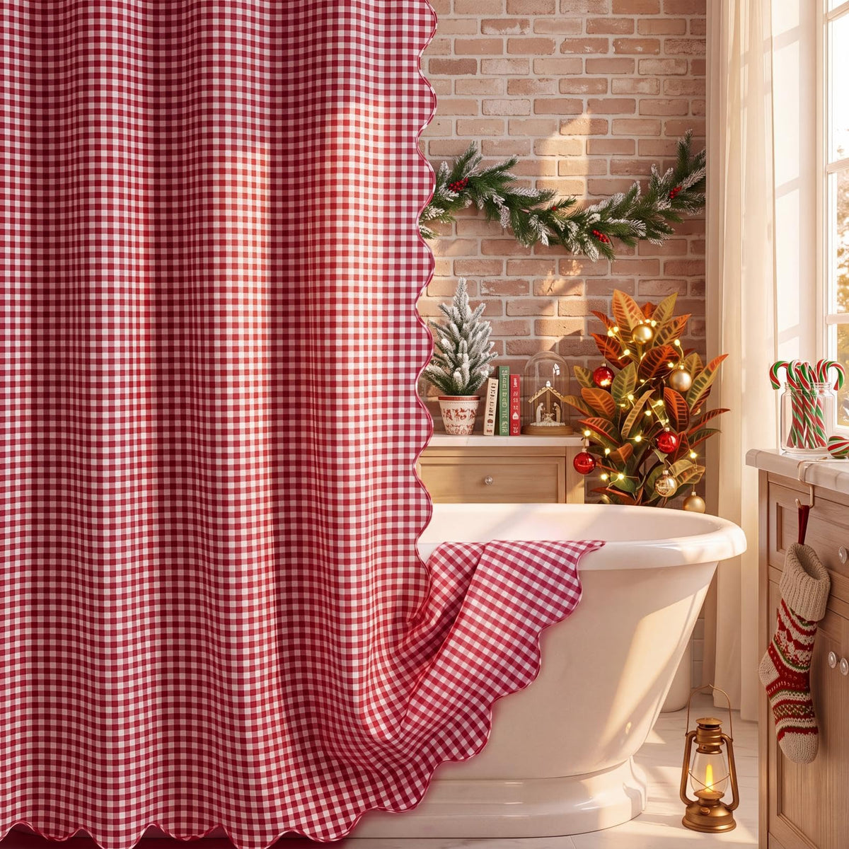 HunnmingRe Ruffle Hem Gingham Shower Curtain Taupe