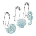 Sunlit Seashells Decorative Shower Curtain Hooks, Aqua Blue Ocean Creatures Coastal Shower Curtain Rings, Resin, Nautical Bathroom Decoration Beach Hooks-12 Pack